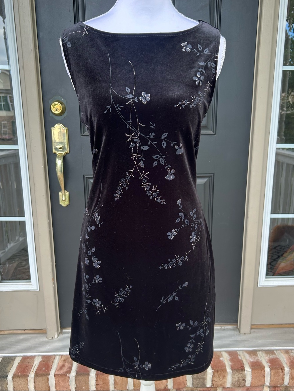Vintage 90s y2k black stretch velvet sleeveless dress flocked glitter floral S M